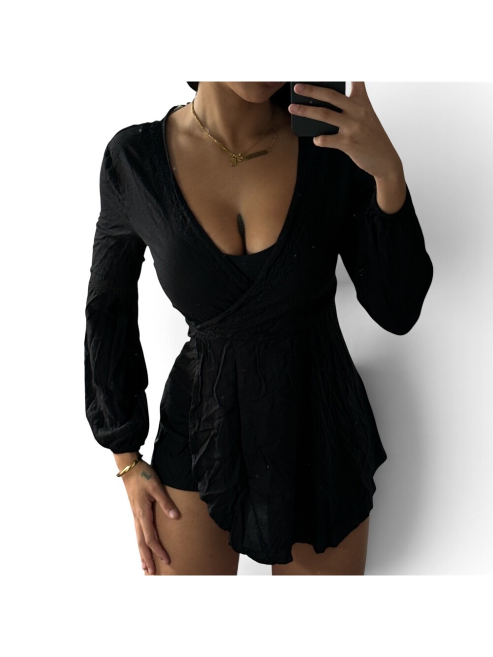 Roxy Black Wrap Romper Long Sleeve Size S